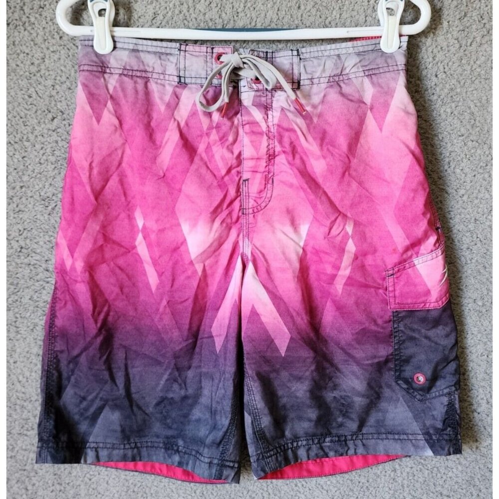 Speedo Pink Ombre Geometric Print Mesh Lined Drawstring Swim Trunks Size 28‎